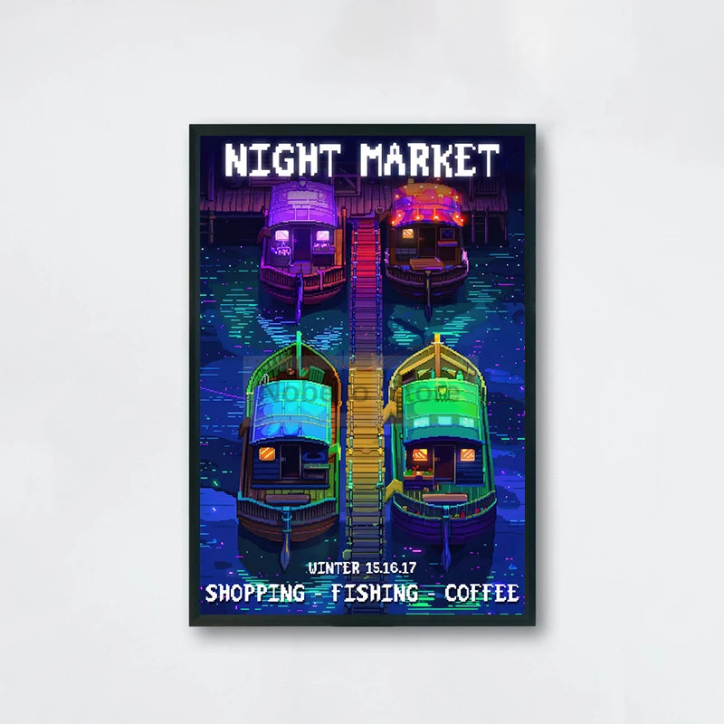 Framed artwork of a night market scene with colorful boats on a white background