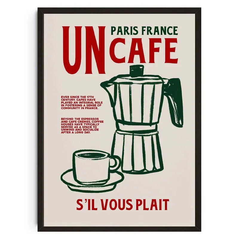 Poster with Moka pot and coffee cup design, text 'UN CAFE PARIS FRANCE S'il vous plaît', on a beige background.