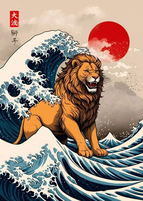 Lion on a wave with a red sun and stylized text in the background