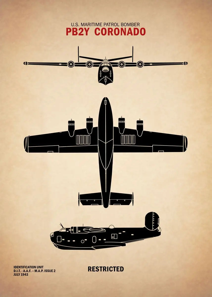 Illustration of a U.S. Maritime Patrol Bomber PB2Y Coronado on a beige background