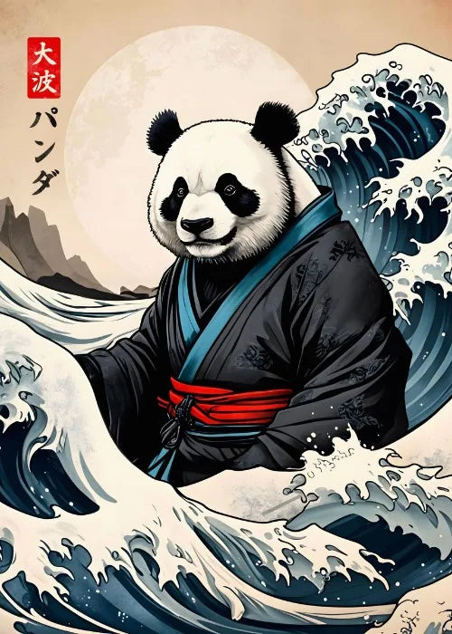 Panda bear in a kimono standing on a wave with Japanese wave design in the background