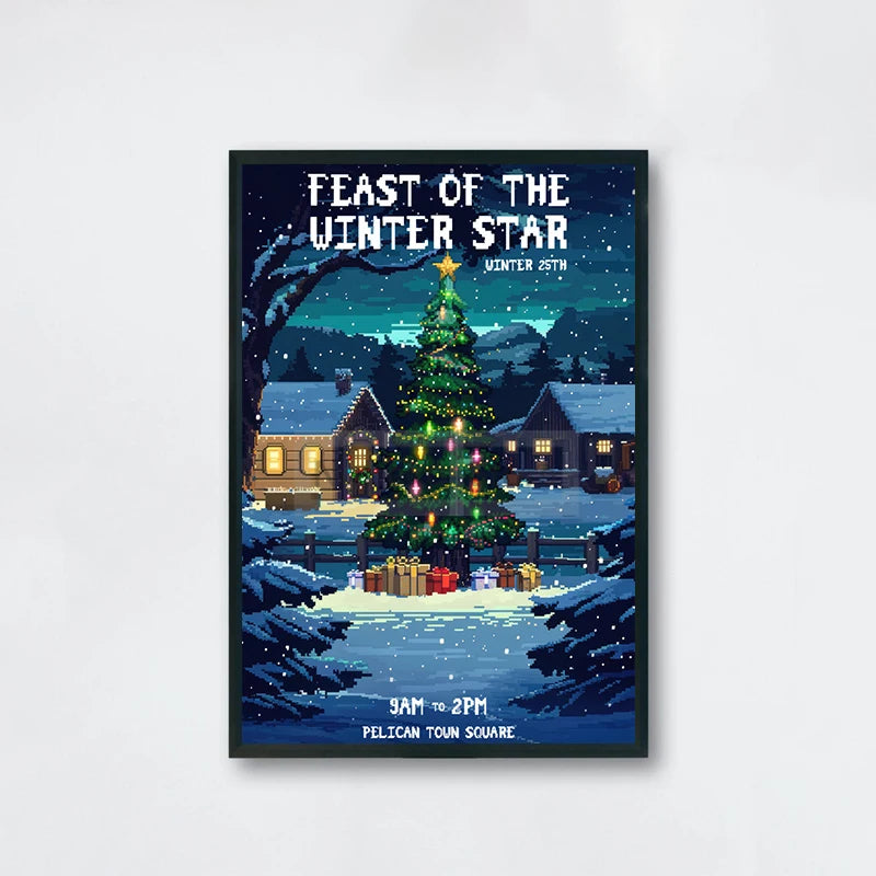 Festive poster with a Christmas tree and snowy village scene, featuring text about 'Feast of the Winter Star'.