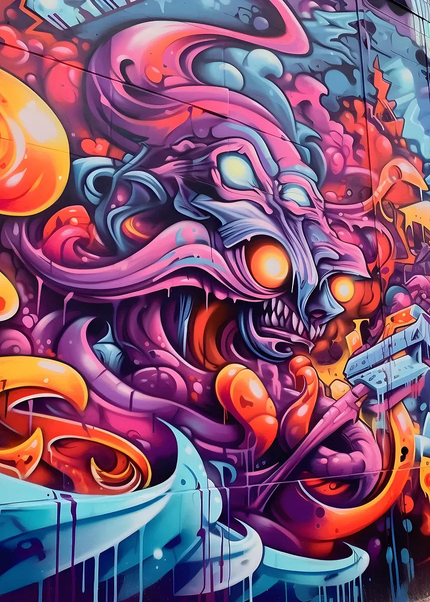 Colorful abstract mural with a stylized face and vibrant colors.