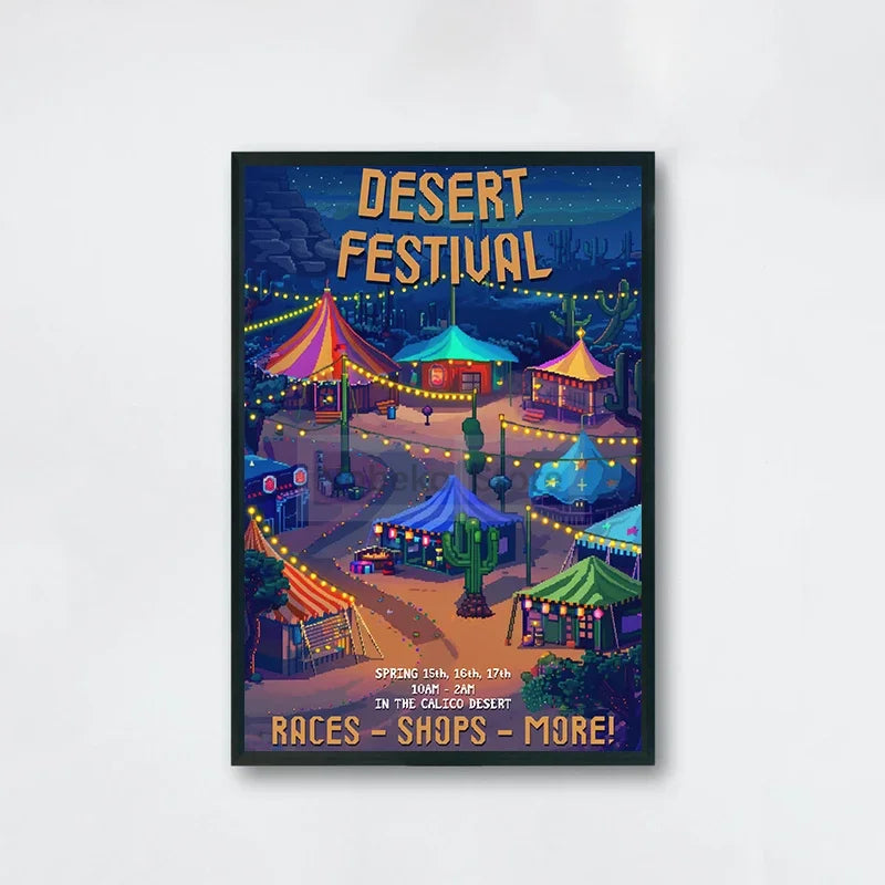 Framed poster of a desert festival with colorful tents and lights.