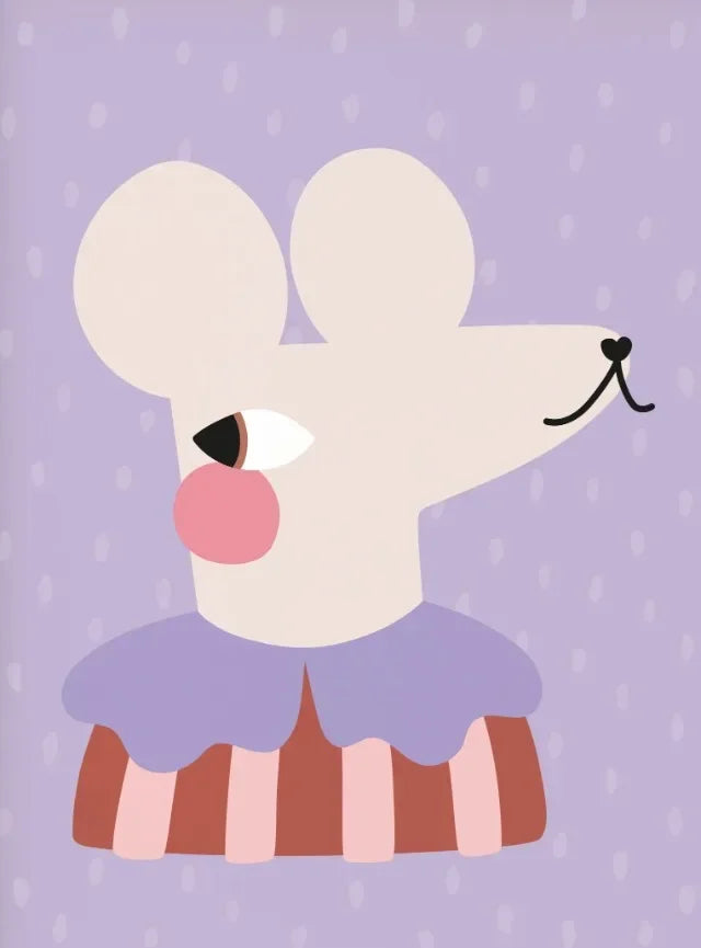 Cartoon mouse character with a polka dot background