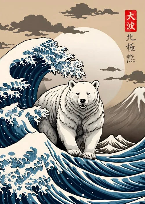 Polar bear on a wave with Mount Fuji in the background, inspired by 'The Great Wave' by Hokusai.