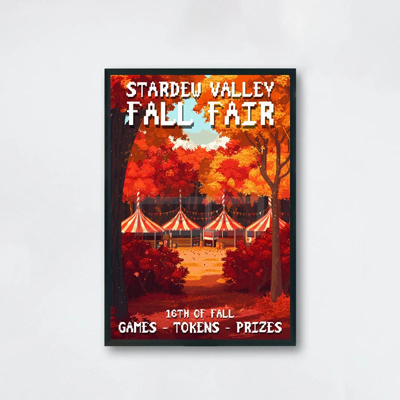 Poster for 'Stardeu Valley Fall Fair' with autumn-themed design and tents.