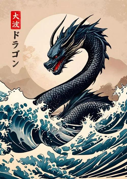 Dragon emerging from waves with a stylized moon in the background