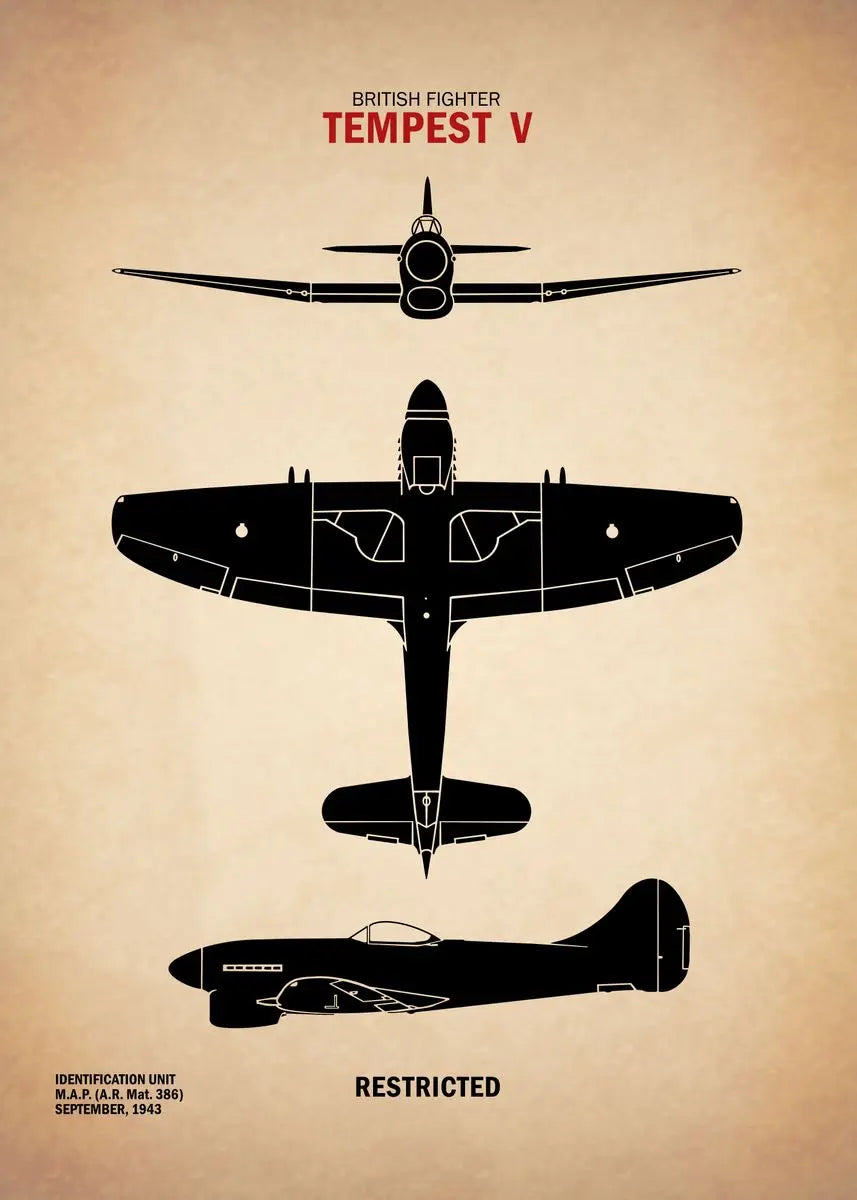 Black silhouette of a British fighter Tempest V on a beige background