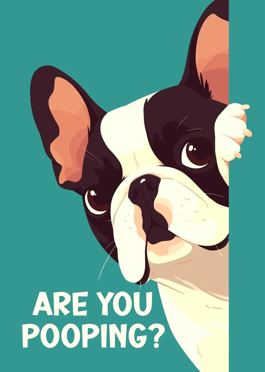 Cartoon dog peeking over a green background with text 'Are you pooping?'