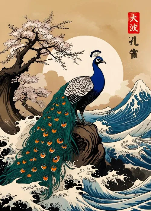 Peacock on a rock with cherry blossoms and waves in the background