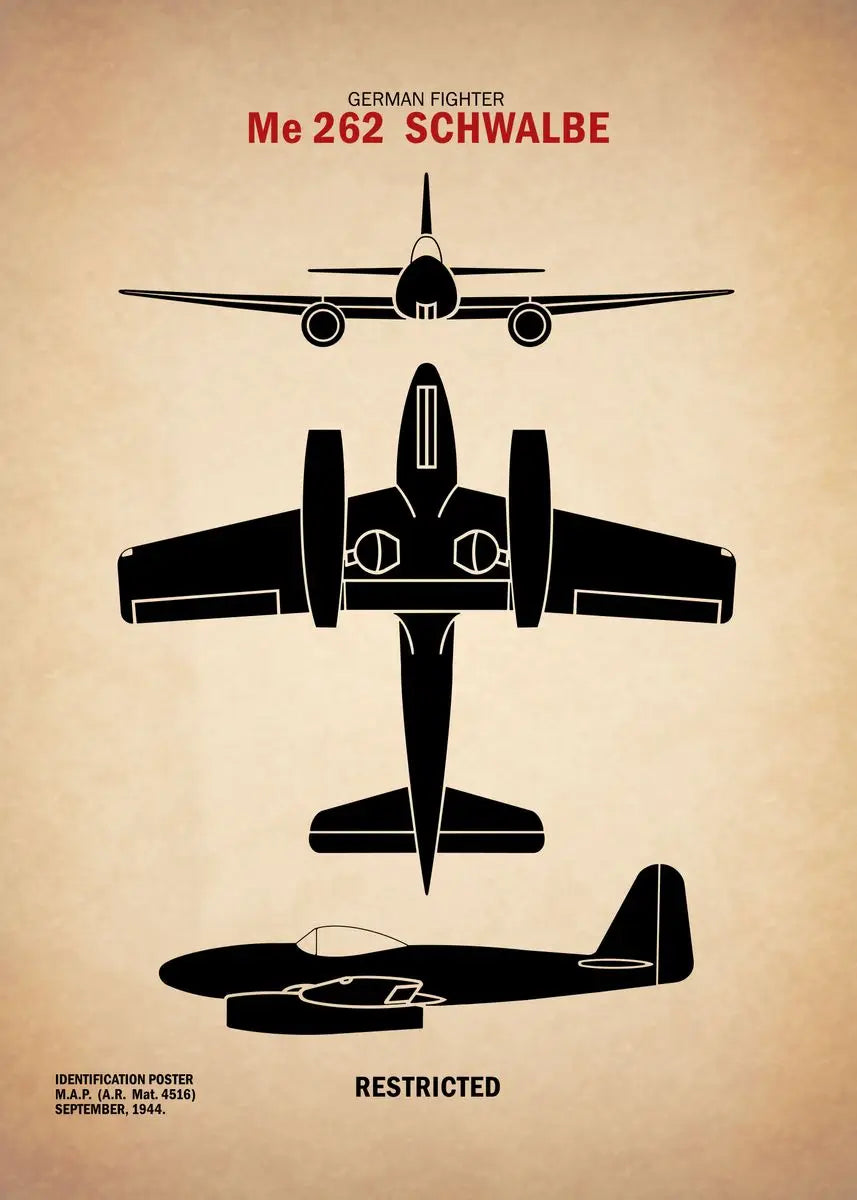 Black silhouette of a German fighter plane Me 262 Schwalbe on a beige background with text.