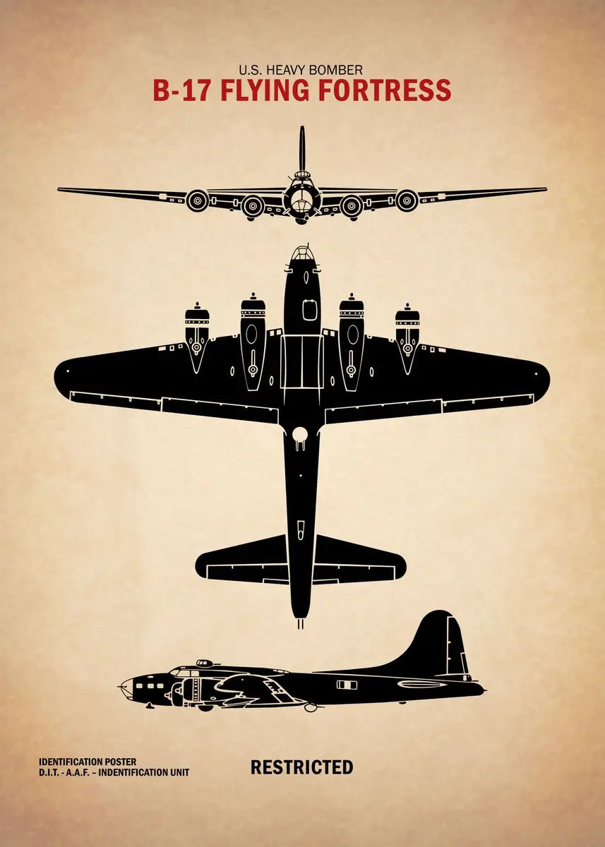 Black B-17 Flying Fortress airplane illustration on a beige background with text.