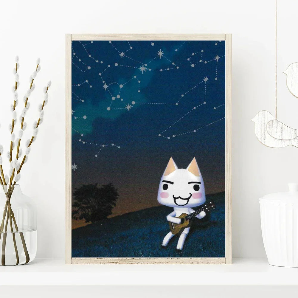 Framed artwork of a cartoon cat playing guitar under a starry sky.