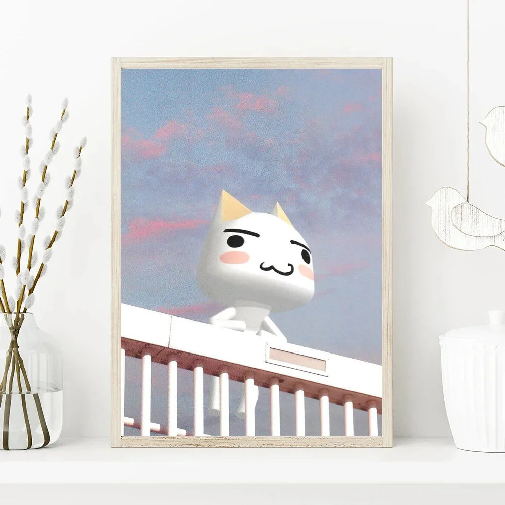 Framed artwork of a cartoon character with a blue sky background on a white surface.