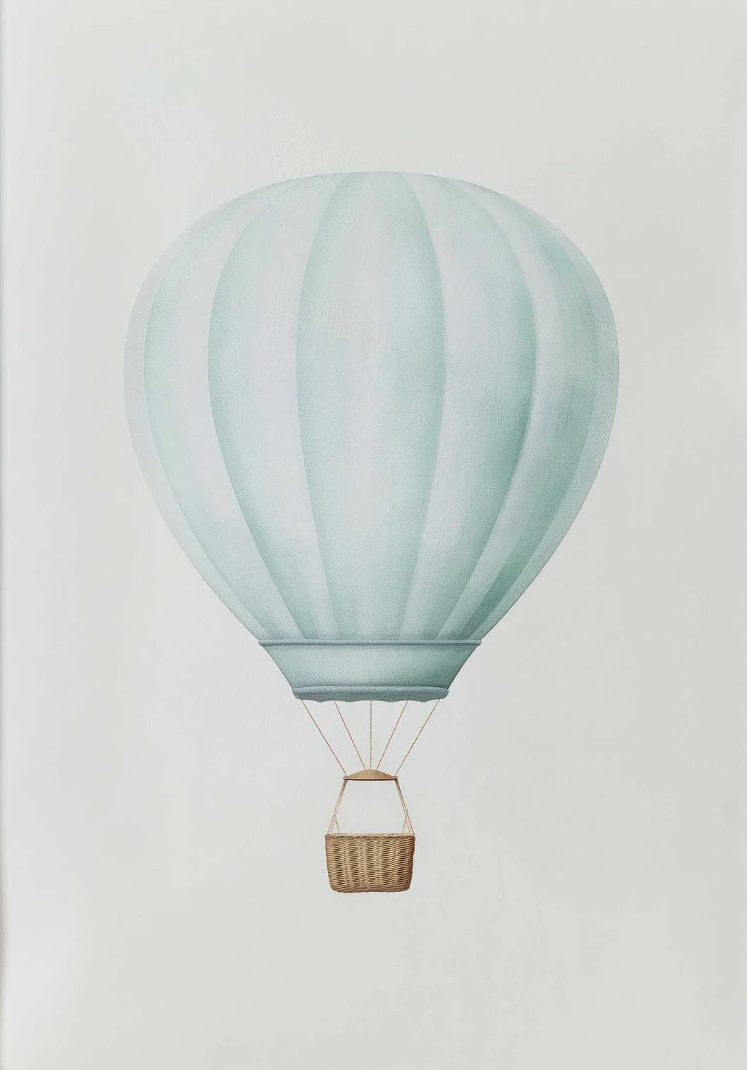 Light blue hot air balloon with a wicker basket on a light gray background