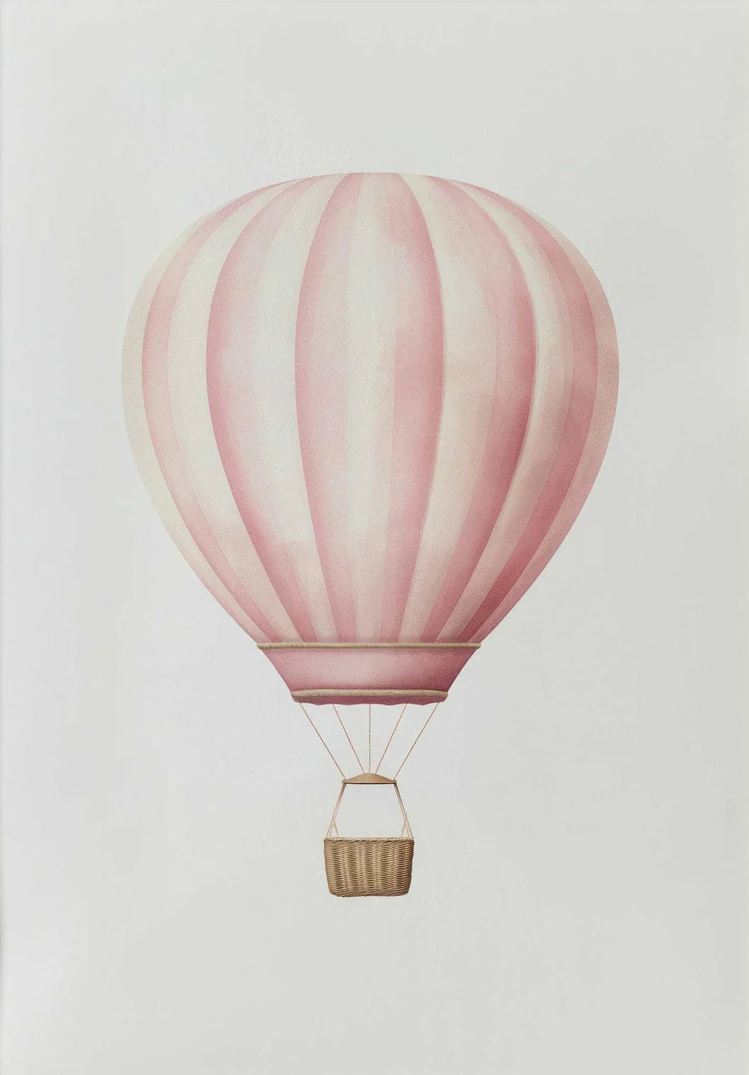 Pink hot air balloon with a wicker basket on a light gray background