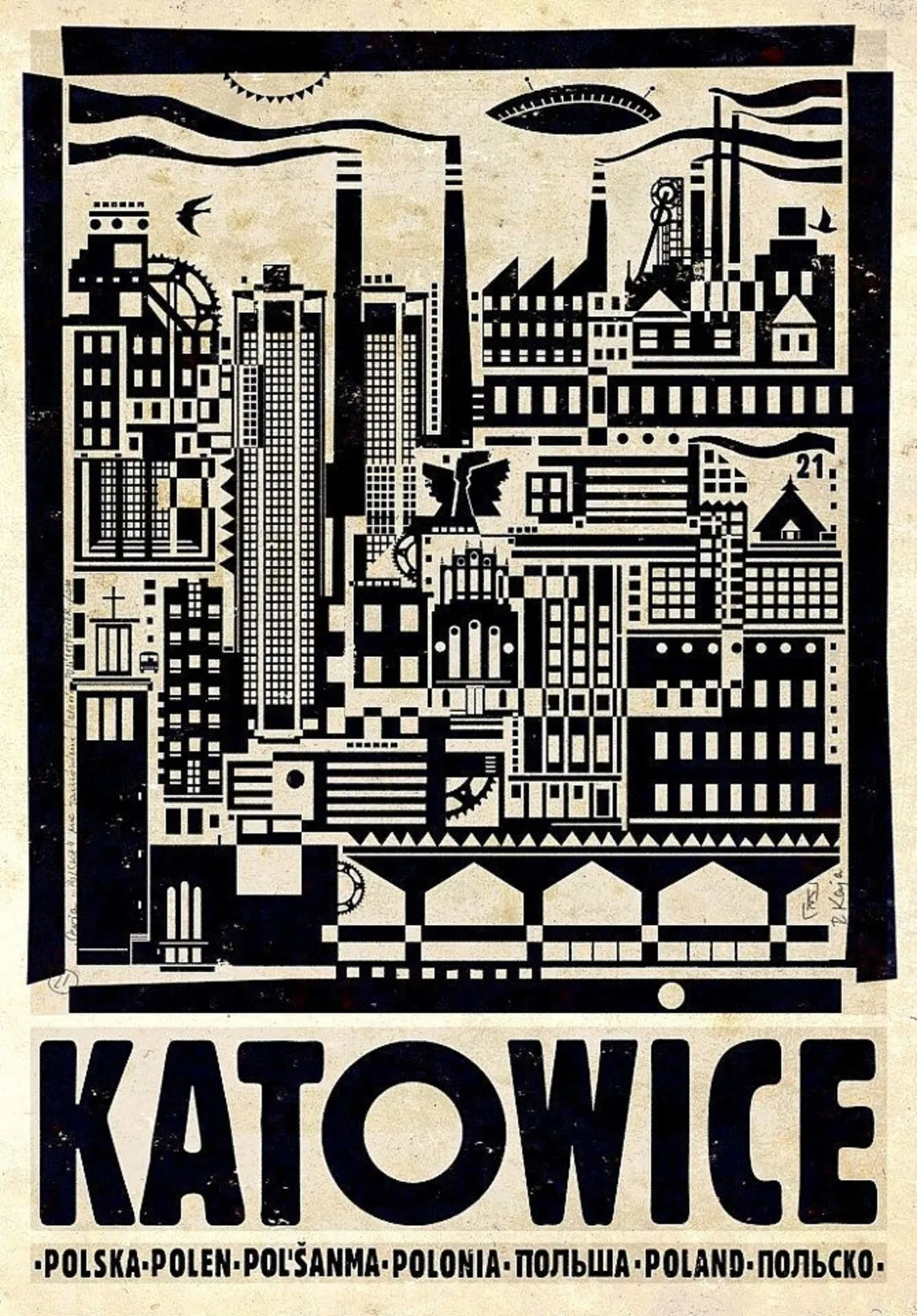 Vintage-style poster of a cityscape with 'KATOWICE' at the bottom
