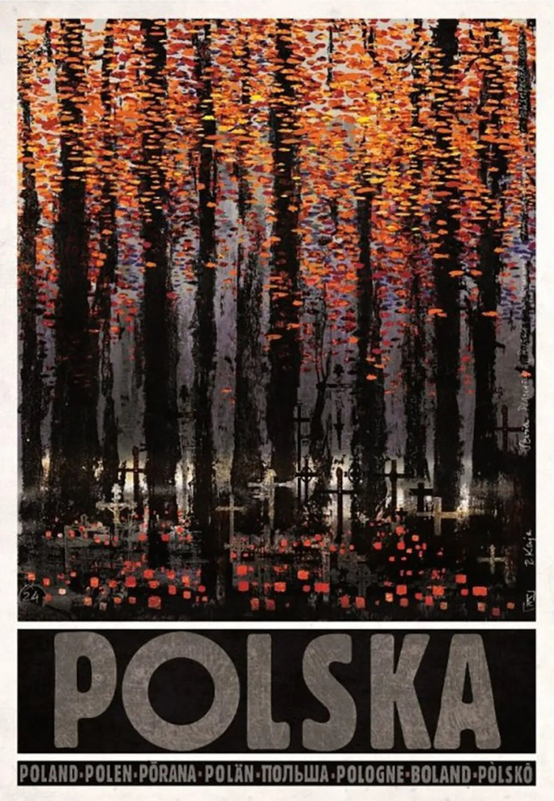 Artistic depiction of a cityscape with 'Polska' at the bottom
