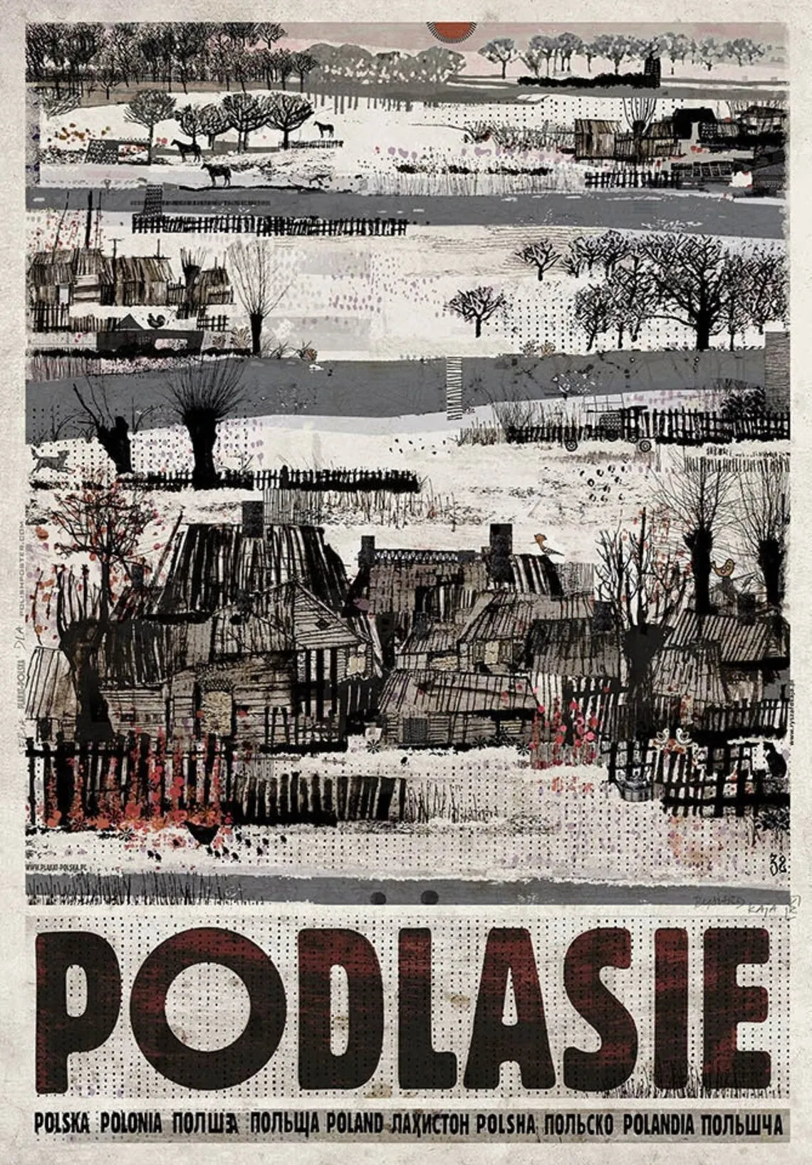 Artistic depiction of a village with 'PODLASIE' text at the bottom