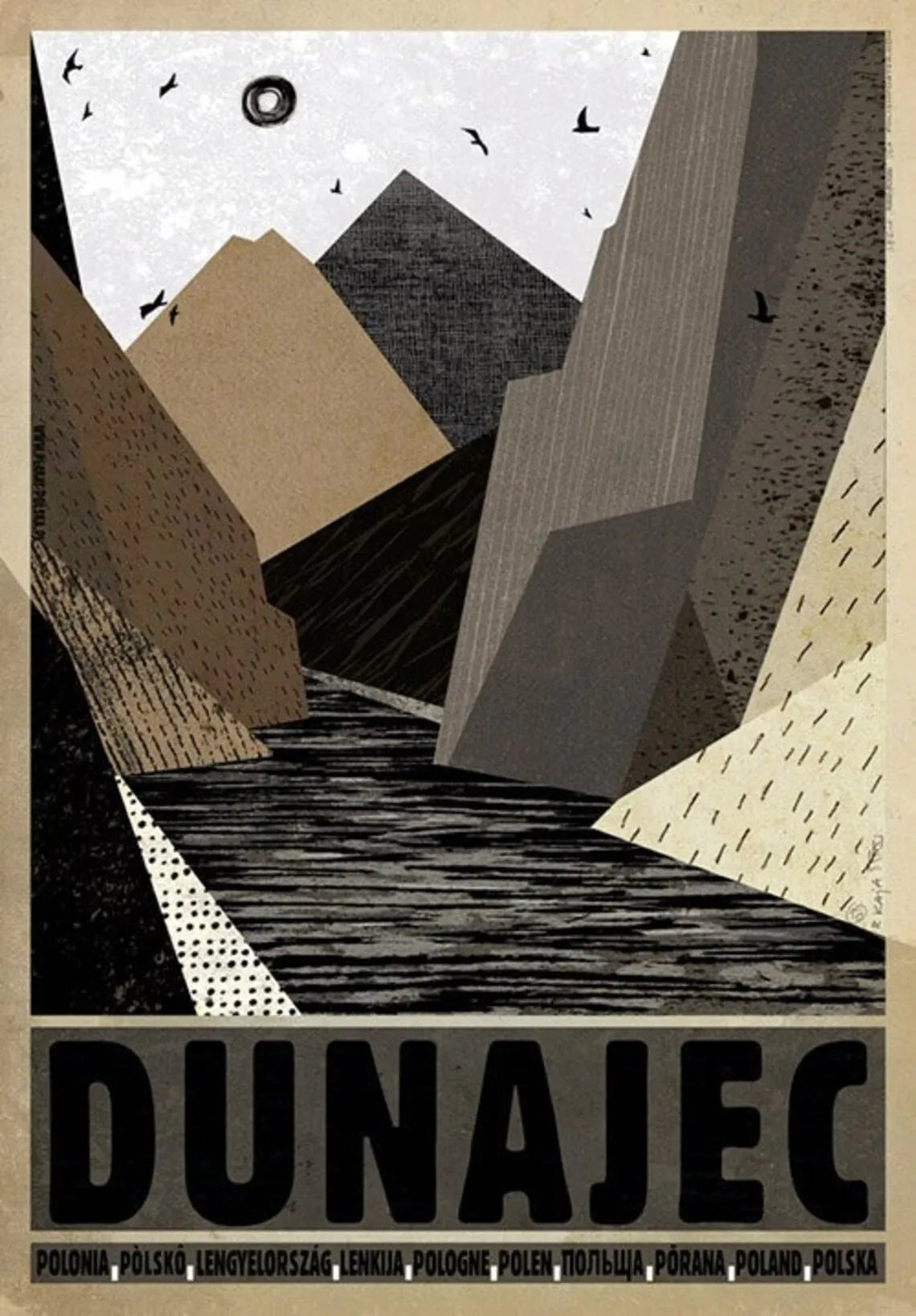 Artistic depiction of a mountain landscape with a river, featuring the text 'DUNAJEC'.