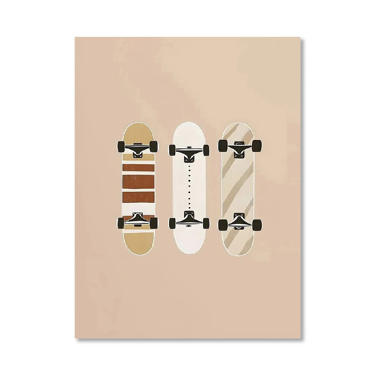 Three skateboards with different designs on a beige background