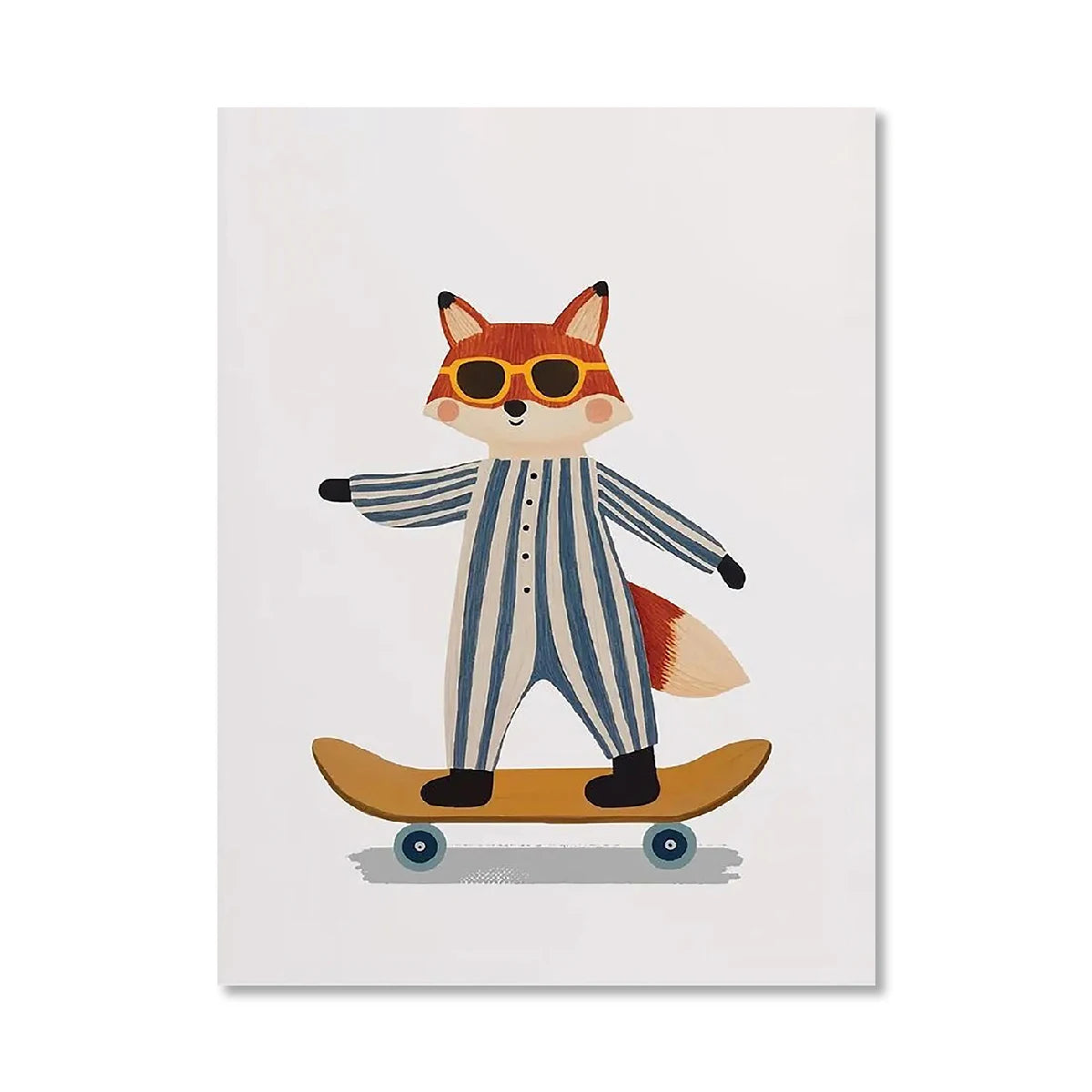 Illustration of a fox wearing sunglasses and a striped outfit, riding a skateboard on a white background.