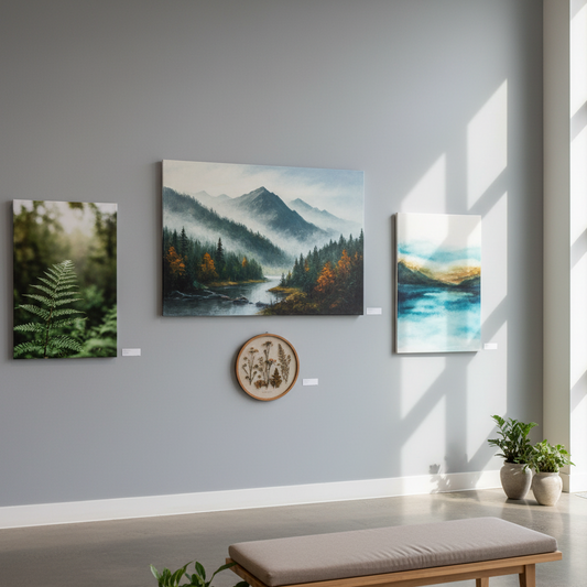 Three landscape paintings on a wall with a bench and plants below.