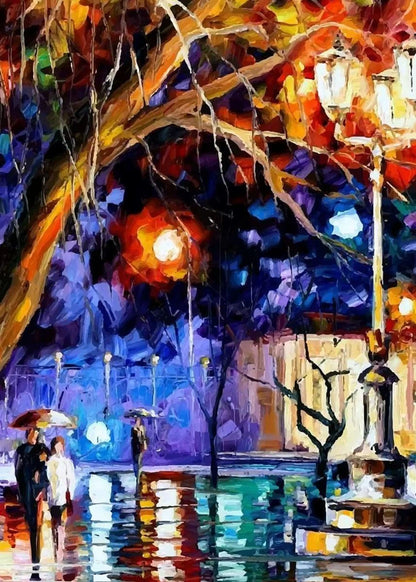 Colorful abstract painting of a street scene with people holding umbrellas.
