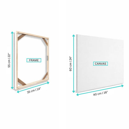 Measurement chart showing dimensions of a wooden frame and a canvas on a white background