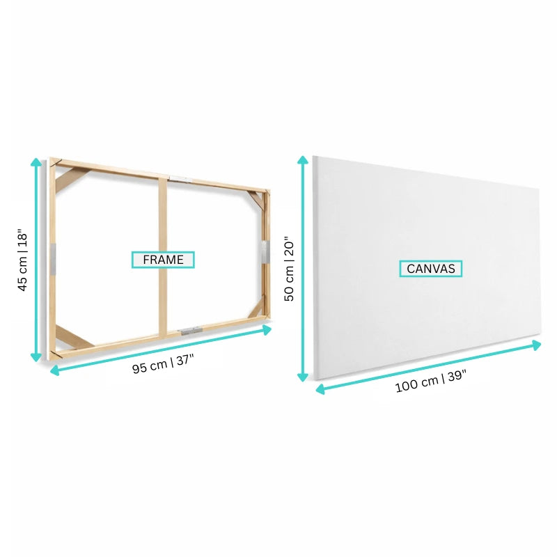 Measurement chart of a wooden frame and white canvas with dimensions labeled.
