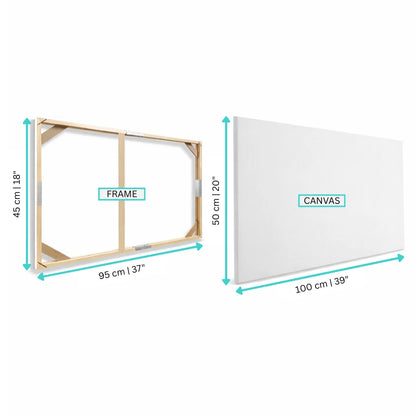 Measurement chart of a wooden frame and white canvas with dimensions labeled.