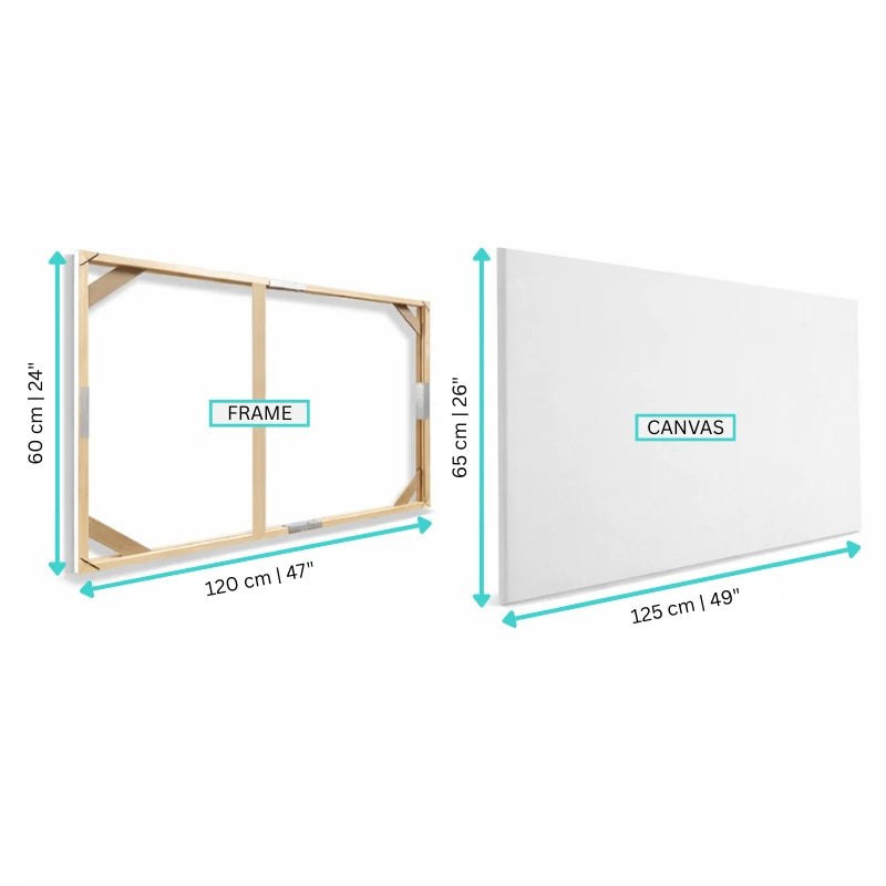 Measurement chart of a wooden frame and white canvas with dimensions labeled.