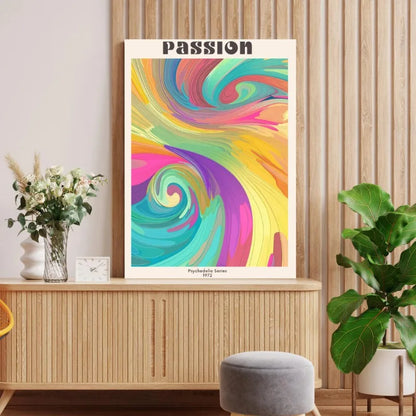 Colorful abstract poster with 'Passion' text on a wall in a room with decor elements.