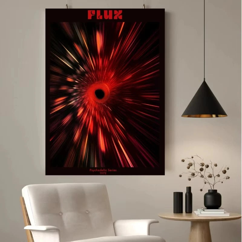 Abstract red and black artwork with 'FLUX' on a wall above a white chair and small table.