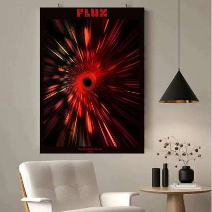 Abstract red and black artwork with 'FLUX' on a wall above a white chair and small table.