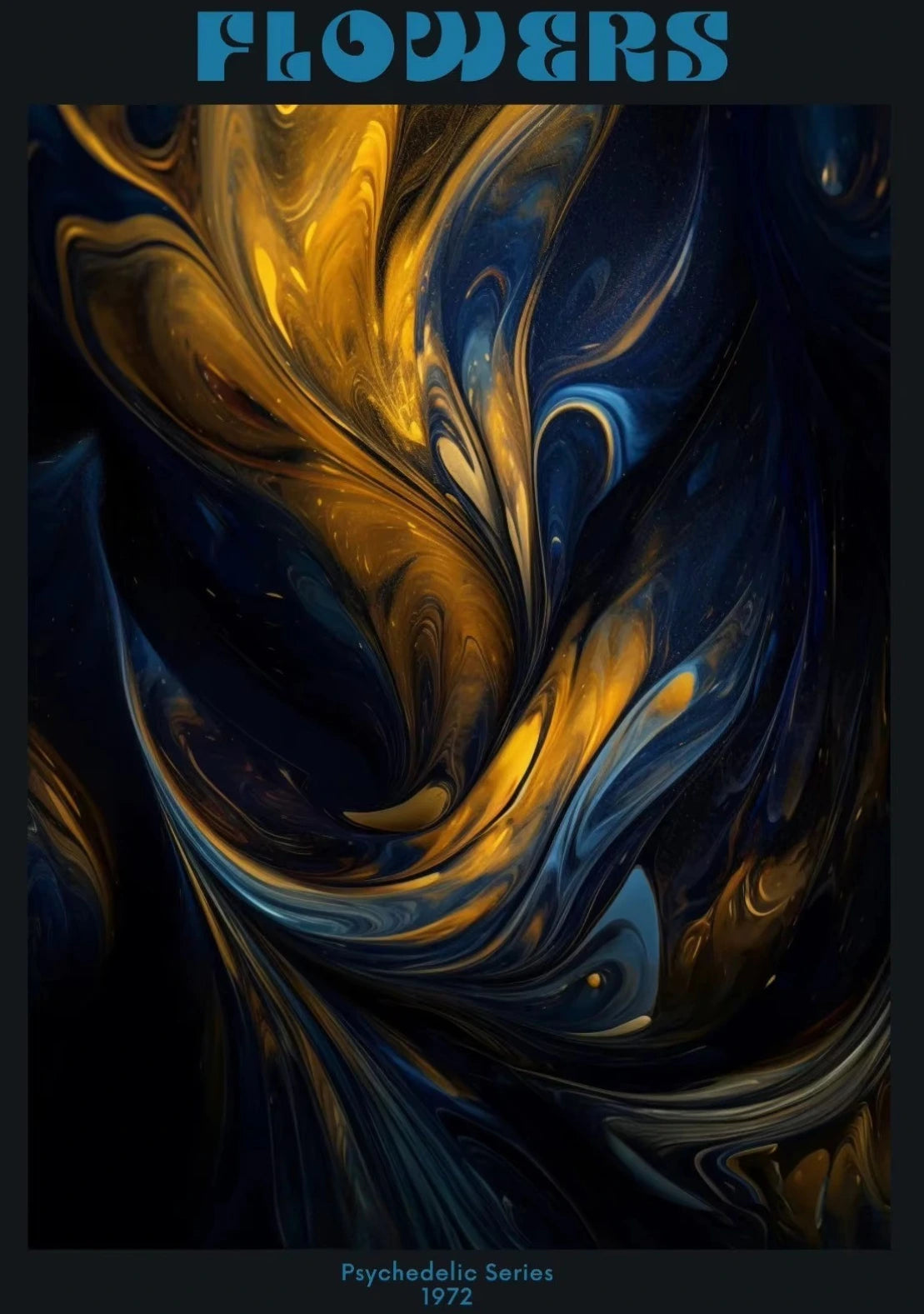 Abstract artwork with swirling blue and gold patterns on a dark background, titled 'Flowers'.