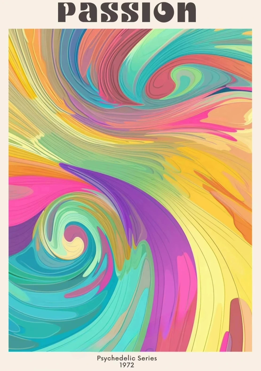 Colorful psychedelic design with swirling patterns and the word 'Passion' at the top.