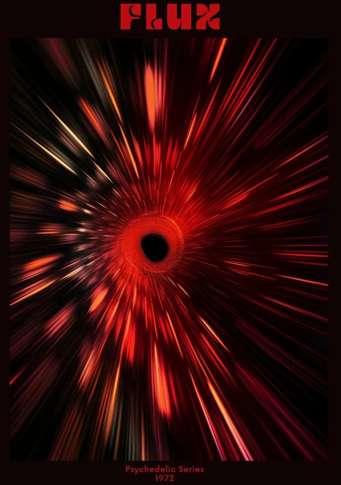 Red and orange abstract design with 'FLUX' at the top on a black background