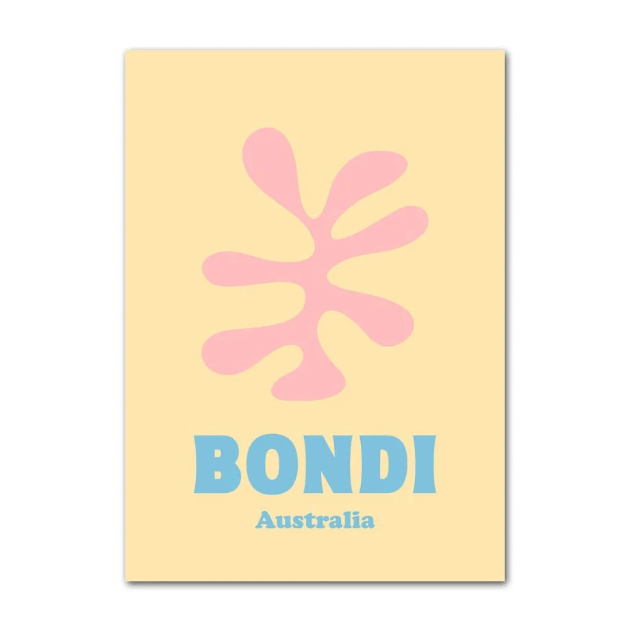 Poster with pink abstract design and 'Bondi Australia' text on a yellow background