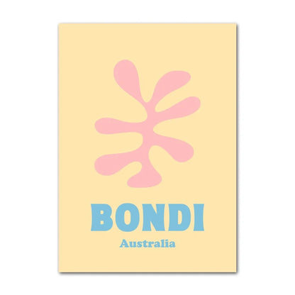 Poster with pink abstract design and 'Bondi Australia' text on a yellow background