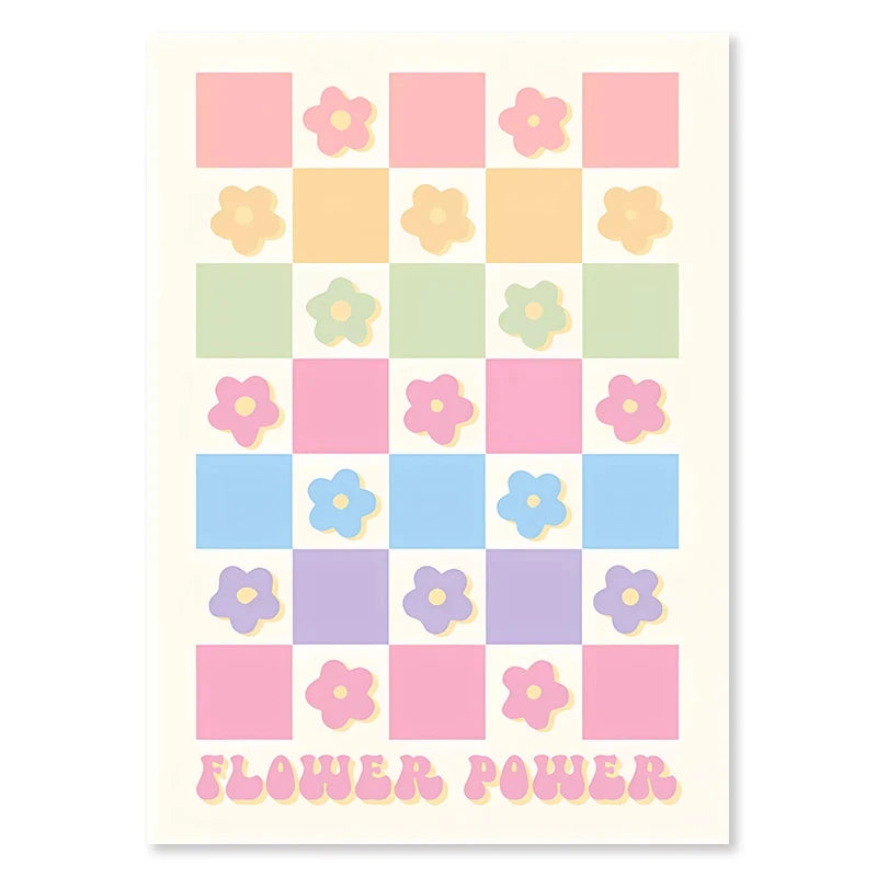 Checkered pattern with flowers and 'Flower Power' text on a white background