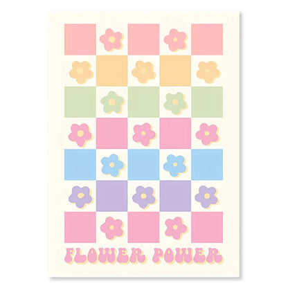 Checkered pattern with flowers and 'Flower Power' text on a white background