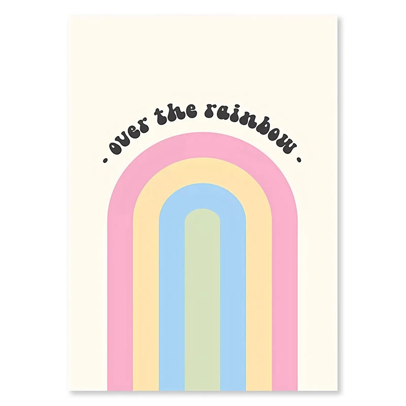 Pastel rainbow with 'over the rainbow' text on a white background