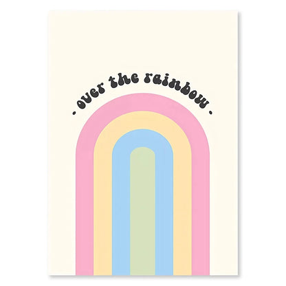 Pastel rainbow with 'over the rainbow' text on a white background