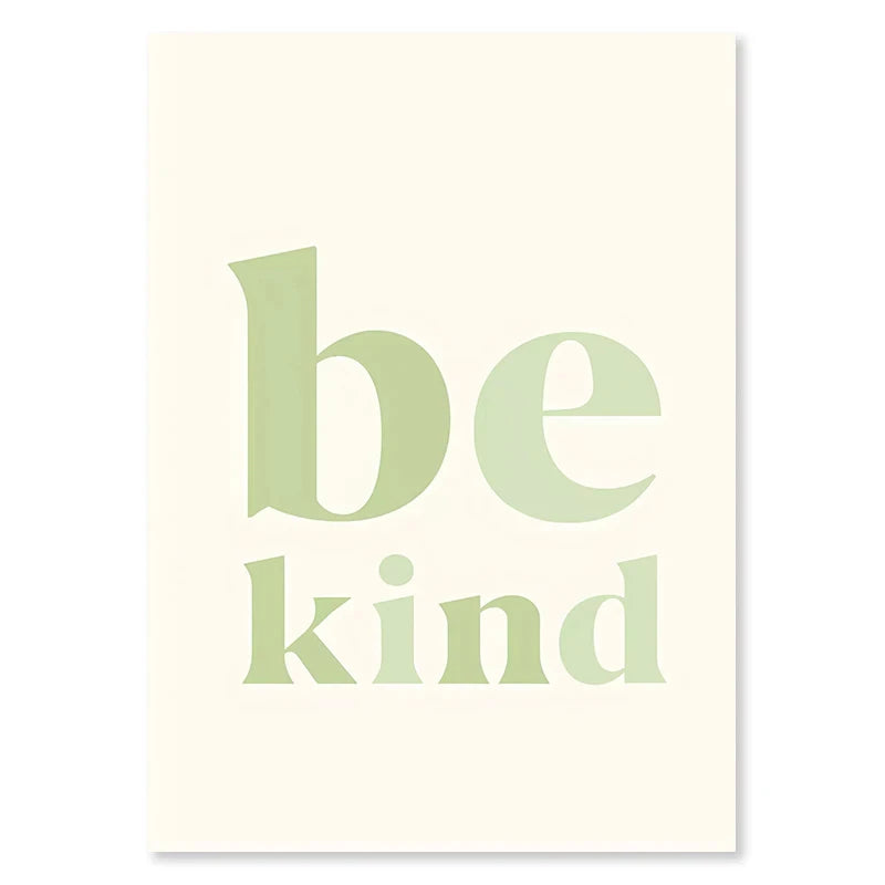 Poster with 'be kind' text in light green on a white background