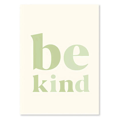 Poster with 'be kind' text in light green on a white background