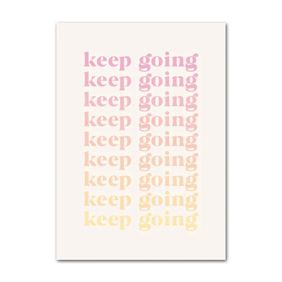 Motivational poster with 'keep going' text in various shades of pink on a white background