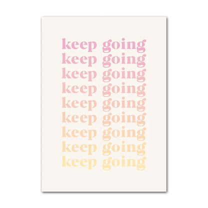 Motivational poster with 'keep going' text in various shades of pink on a white background
