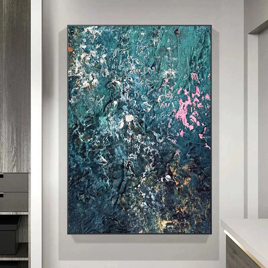Abstract painting with blue, pink, and white colors on a gray wall. Canvas & Curio